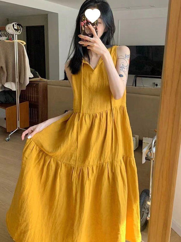 Summer New Cotton and Linen Ins Gentle Solid Color Sleeveless dress French Loose Strap Slimming Holiday Style Long Dress