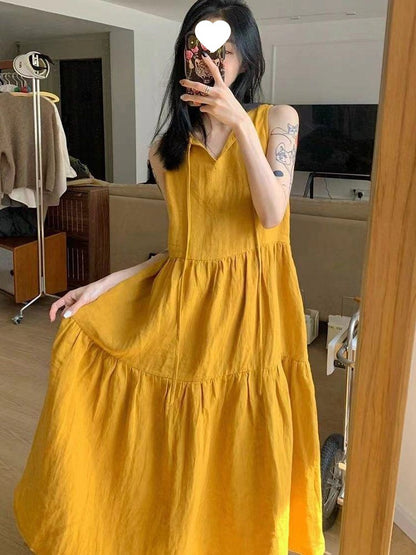 Summer New Cotton and Linen Ins Gentle Solid Color Sleeveless dress French Loose Strap Slimming Holiday Style Long Dress