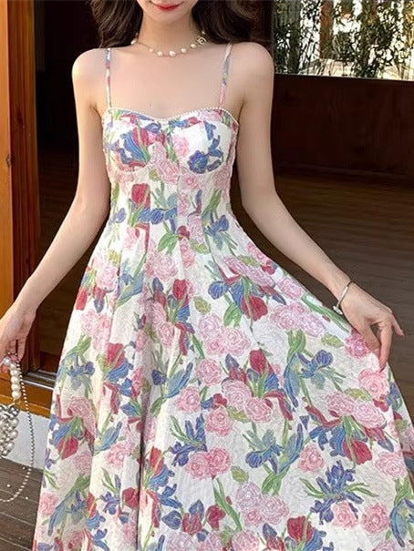 2024 New retro floral strap dress women's summer fairy beach dress high-grade mid-length dress elegant all-match by PDG ibma