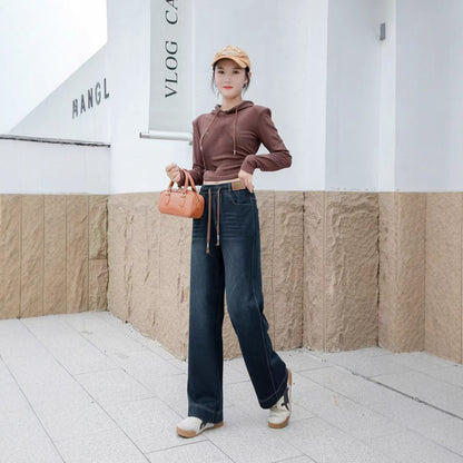 Elastic Wide-Leg Soft Denim Jeans for Women, High-Waisted, Four-Way Stretch, Straight-Leg Pants, Vintage Style, Slimming, Loose, Soft, Casual Pants, Versatile