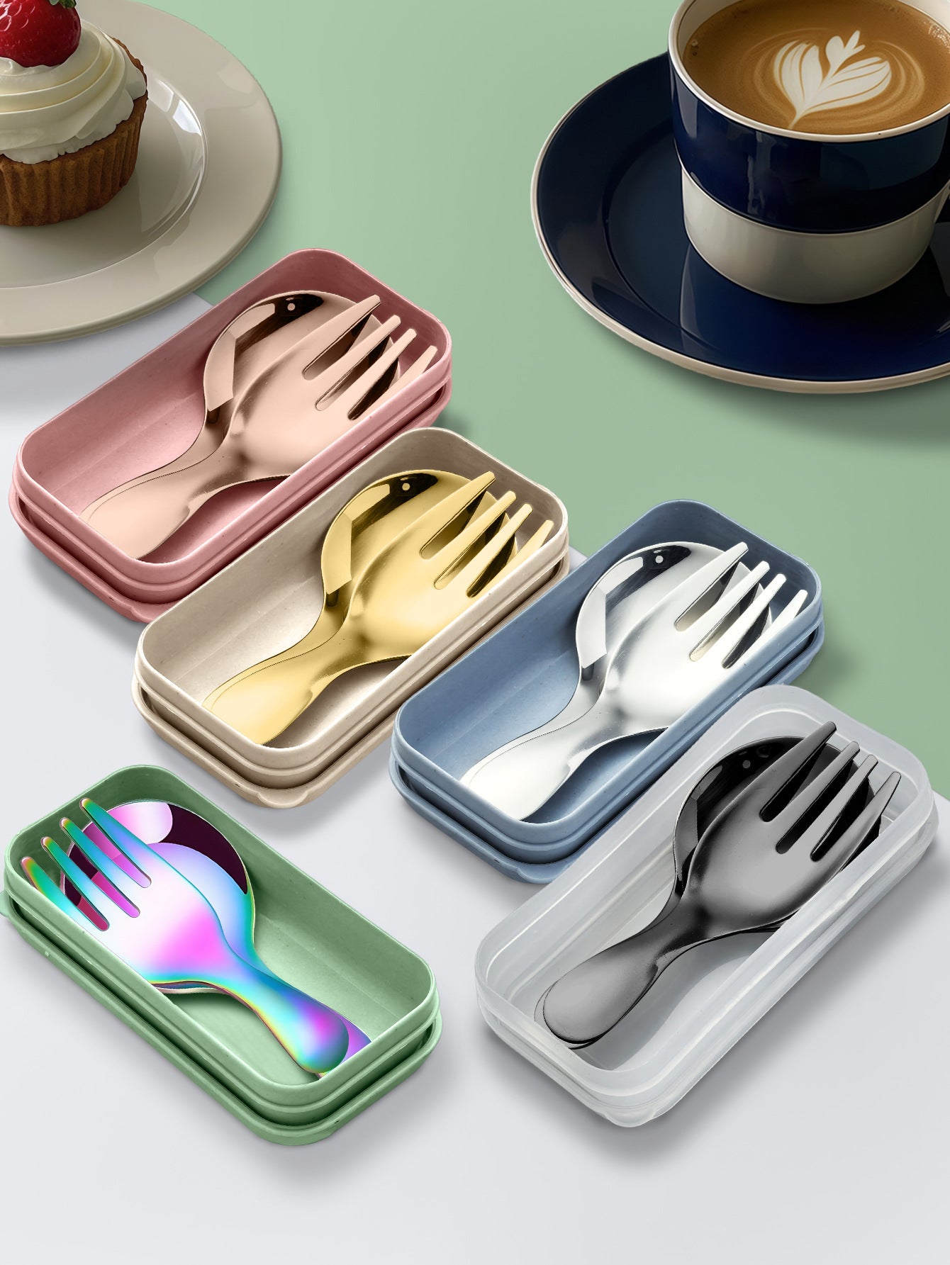 Stainless Steel Portable Spoon and Fork Set Children's Rice Spoon Dessert Spoon Fruit Fork Short Handle Fork Spoon Mini Tableware
