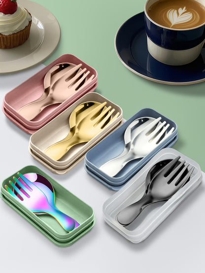 Stainless Steel Portable Spoon and Fork Set Children's Rice Spoon Dessert Spoon Fruit Fork Short Handle Fork Spoon Mini Tableware