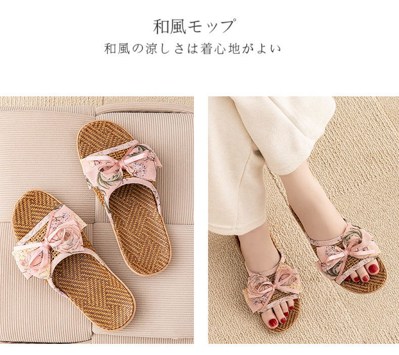 New Summer Rattan Mat Home Mat Slippers Bow Home Indoor Cool Bamboo Fish Mouth Toe Shoes Non-Slip