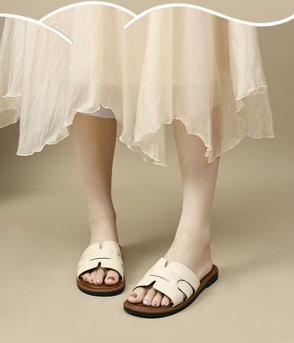2025 New French Retro Leather Slippers Niche Casual Flat Versatile Slip-On Sandals for Women