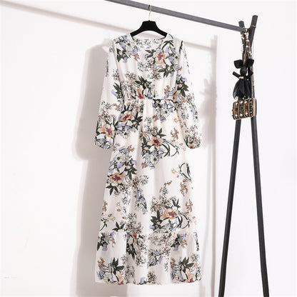 Cross-border Foreign Trade Floral Chiffon Long Dress Women's Spring Dress Long Sleeve Crewneck Base Skirt Waist Slim Long Dress