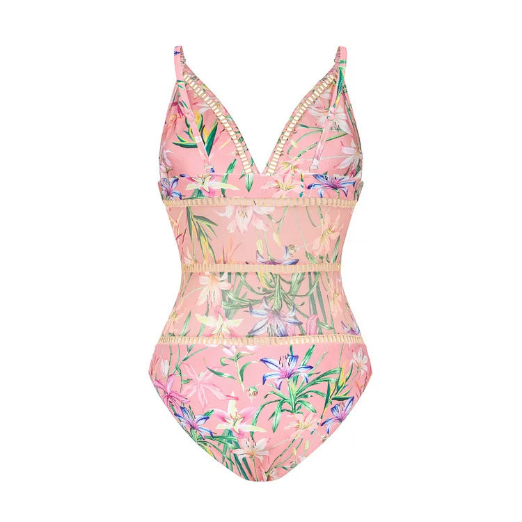 2024 Europe and America Amazon AliExpress one-piece swimsuit Mini ruffled mesh stitching printed swimsuit 2560