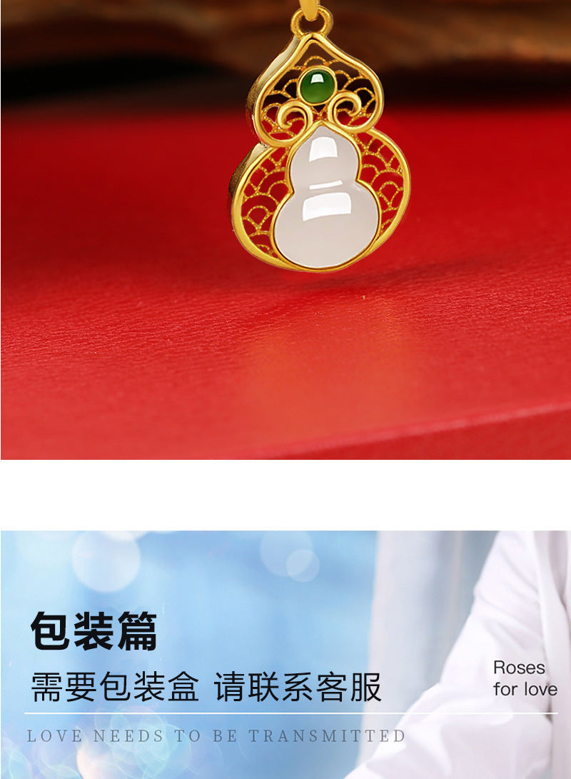 S925 Silver Simple and Fashionable Fulu Gourd Clavicle Chain Inlaid with Natural Hetian Jade High-End Necklace Factory Direct Sale