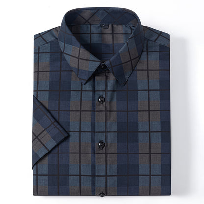 New 2025 Summer New Men's Short-Sleeved Bamboo Fiber Plaid Shirt Casual Half-Sleeved Pocketless Men's Lining