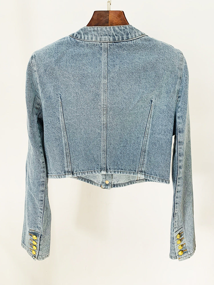 In Stock 2026 European and American Celebrity Style New Round-Neck Lion Buckle Ultra-Short Washed Denim Jacket