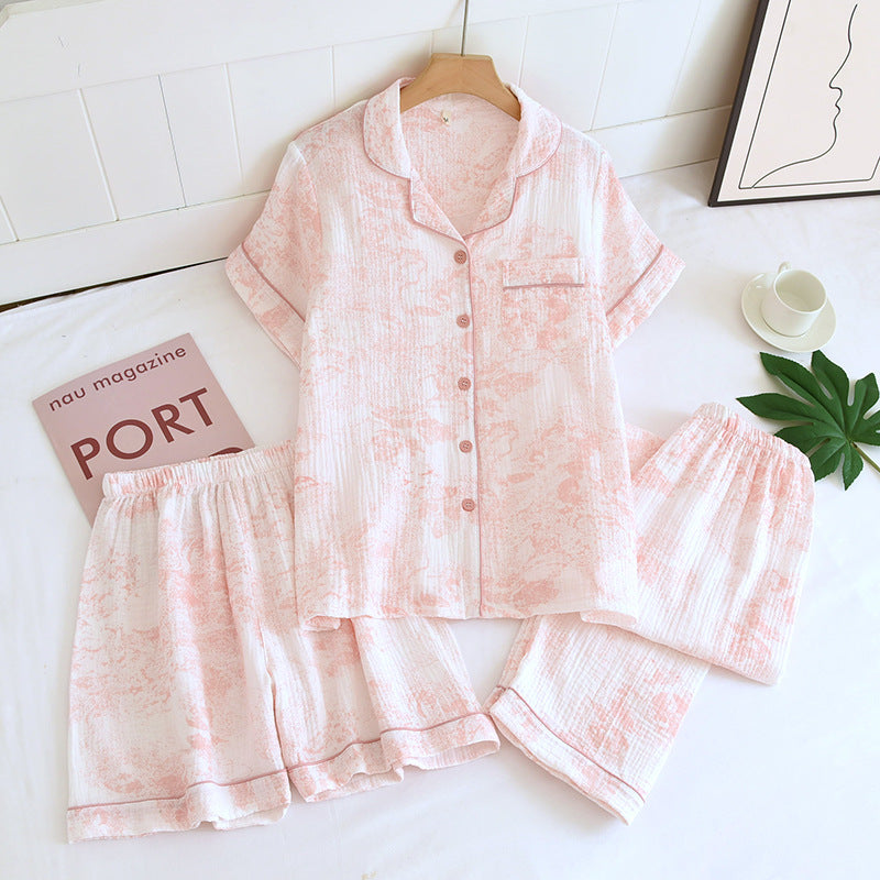 Various Style Spring and Summer Cotton Crepe Pajamas Sweet Three-Piece Short-Sleeved Trousers Spring and Autumn Loose Casual suit