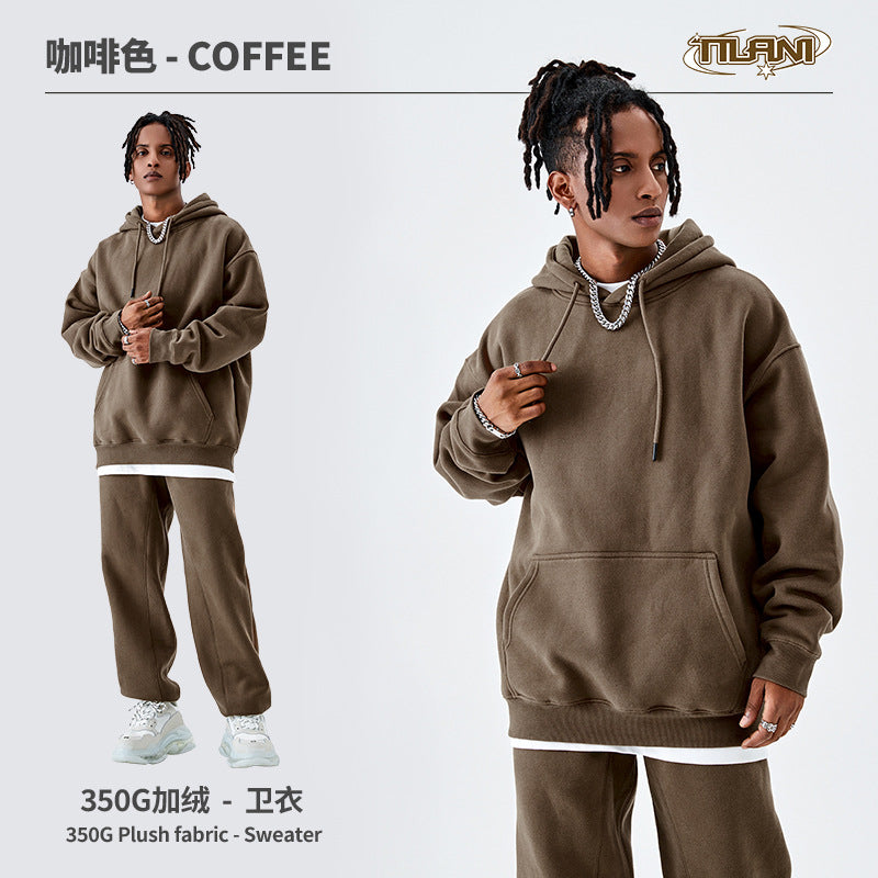 Tilani Men's Clothing European and American Trendy Brand High Quality 350g Fleece-Lined Thick Men's and Women's Hooded Sweatshirt and Sweatpants Pure Color Suit