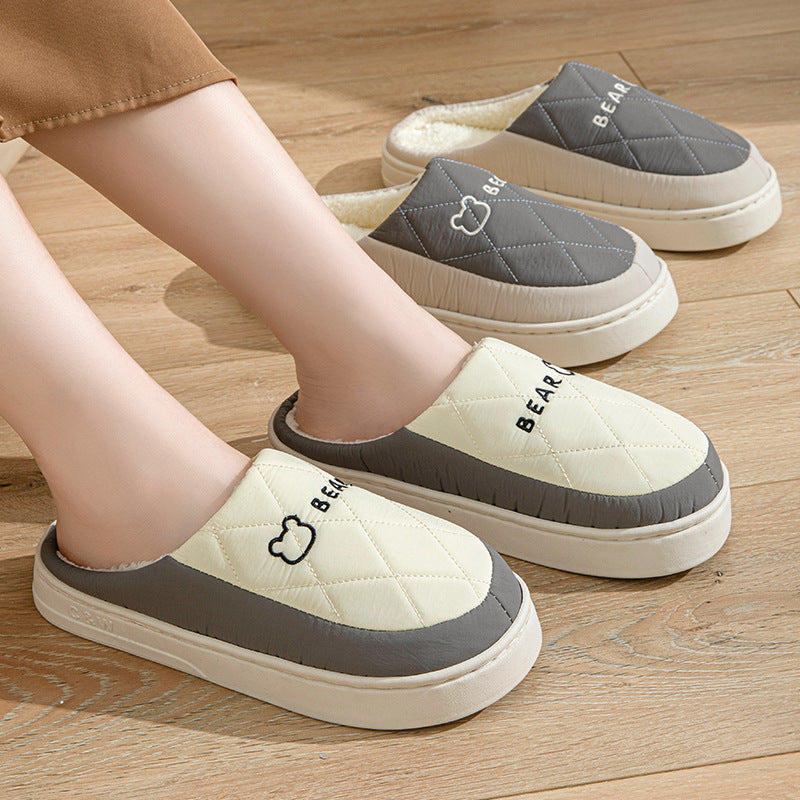 Winter Cotton Slippers for Women, Non-Slip, Warm and Velvet, Couple Style Indoor Cartoon Furry Shoes, Half-Pack Heel Home Shoes for Men