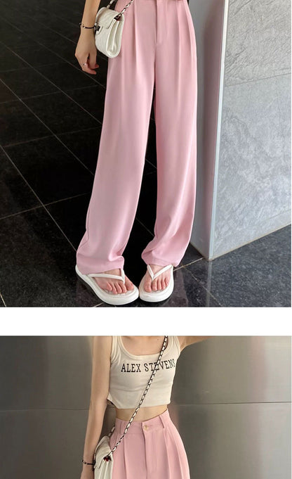 Gray Suit Pants for Women Spring and Summer New High-Waisted Double Pleated Slim Floor-Length Trousers Casual Straight Wide-Leg Pants