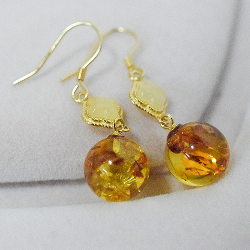 Amber Beeswax Earrings Light Luxury High-end Women's Earrings New Chinese Style National Style Ear Studs Popular Style Natural Real Jewelry