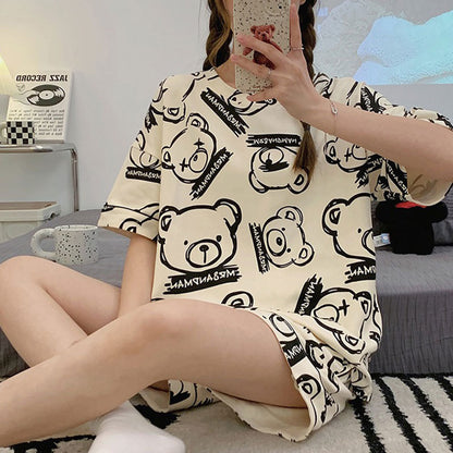 New Style Pajamas Women's Summer Short-sleeved Pullover Thin Cartoon Cartoon Bear Girl Home Clothes suit Women's Outwear