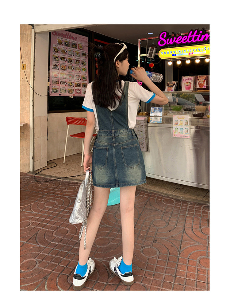 YC & American Retro Sweet Girl Strap Skirt A- line Skirt Slimming Joker dress Denim Skirt Spring and Summer