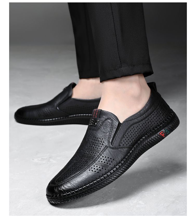 [Broken Size Processing] Leather Shoes Men's Genuine Leather Hole Shoes Dad Shoes Summer Soft Bottom Breathable Lazy Bean Shoes