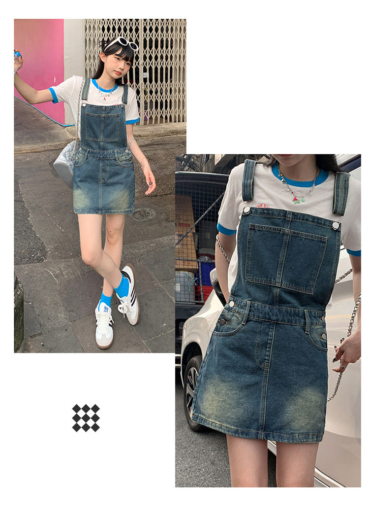 YC & American Retro Sweet Girl Strap Skirt A- line Skirt Slimming Joker dress Denim Skirt Spring and Summer