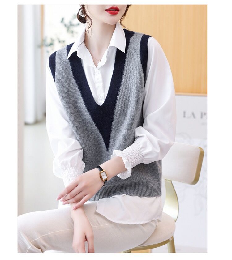 Woolen sweater knitted vest for women 2023 Autumn New sleeveless stacked color matching V-neck wool warm vest waistcoat