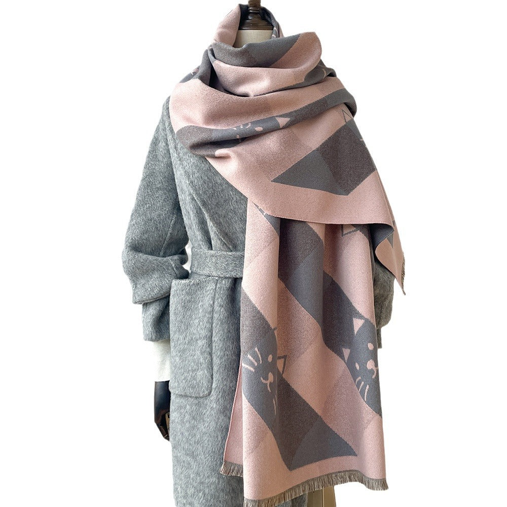 Niche Designer Cartoon Cat Cute Cashmere Scarf Women's Autumn and Winter Warm Thickened Neck Shawl New