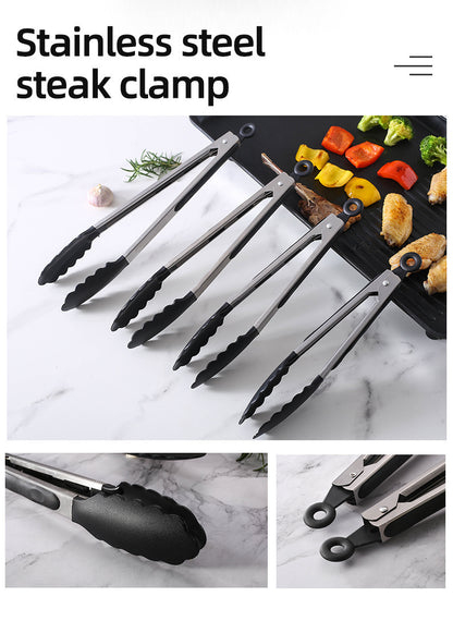 Cross-Border Black Silicone Clips, High Temperature Resistant Kitchen Food Frying Stainless Steel Fried Steak Clips, Special Food Clips for Cooking