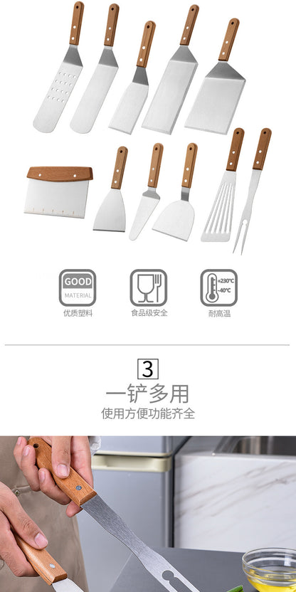 Wooden Handle Stainless Steel Spatula Korean Teppanyaki Cooking Spatula Steak Spatula Pancake Pizza Spatula Tool Set