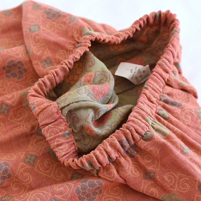 Yarn-dyed cotton pajamas women's summer short-sleeved printed summer retro loose home wear three-piece set can be worn outside