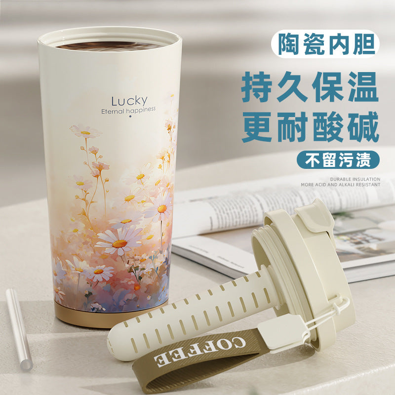 New Ceramic Thermos Coffee Cup for Girls, a Lucky Charm with High Aesthetic Value, Double Drinking Cup, Lily of the Valley Gift Cup