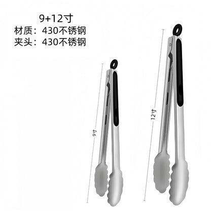 Cross-Border High-Temperature Resistant Steak Grilling Tongs 430 Stainless Steel Anti-Scalding Thickened Barbecue Tongs Kitchen Tools Food Tongs