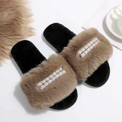 New Foreign Trade Pearl Chain Large Plush Flat Slippers for Women, Fashionable Open-Toe Home Cotton Slippers for Cross-Border