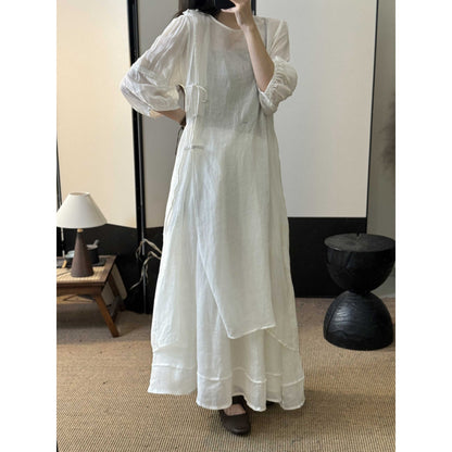 Summer New Style Quality Ramie Handmade Buckle Lace Lace Guofeng dress Double-Layer Skirt suit