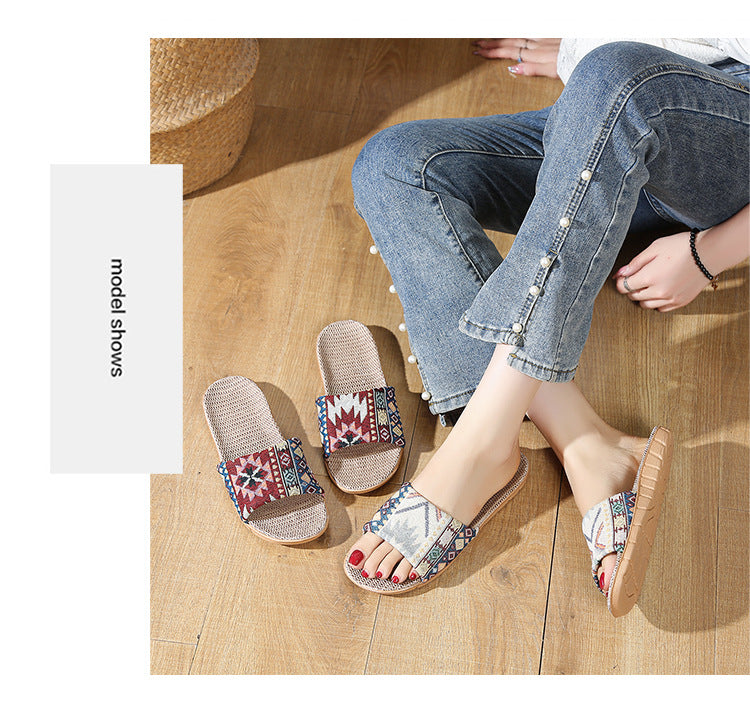 Four Seasons Home Linen Slippers Fashion Printed Thick Sole Non-Slip Sweat-Absorbent Wear-Resistant Large Sole Couple Linen Slippers Ethnic Style