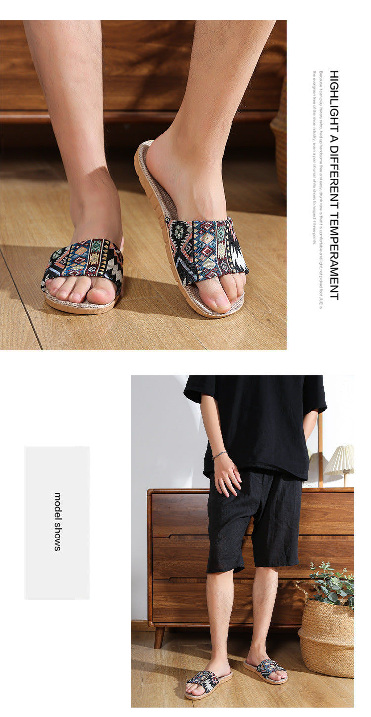Four Seasons Home Linen Slippers Fashion Printed Thick Sole Non-Slip Sweat-Absorbent Wear-Resistant Large Sole Couple Linen Slippers Ethnic Style