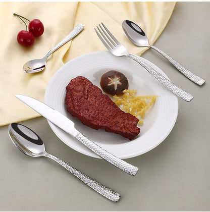Cross-border 304 Stainless Steel Knife, Fork and Spoon Tableware Hotel Western Food Square Handle Thickened Water Cube Hammer Steak Knife, Fork and Spoon
