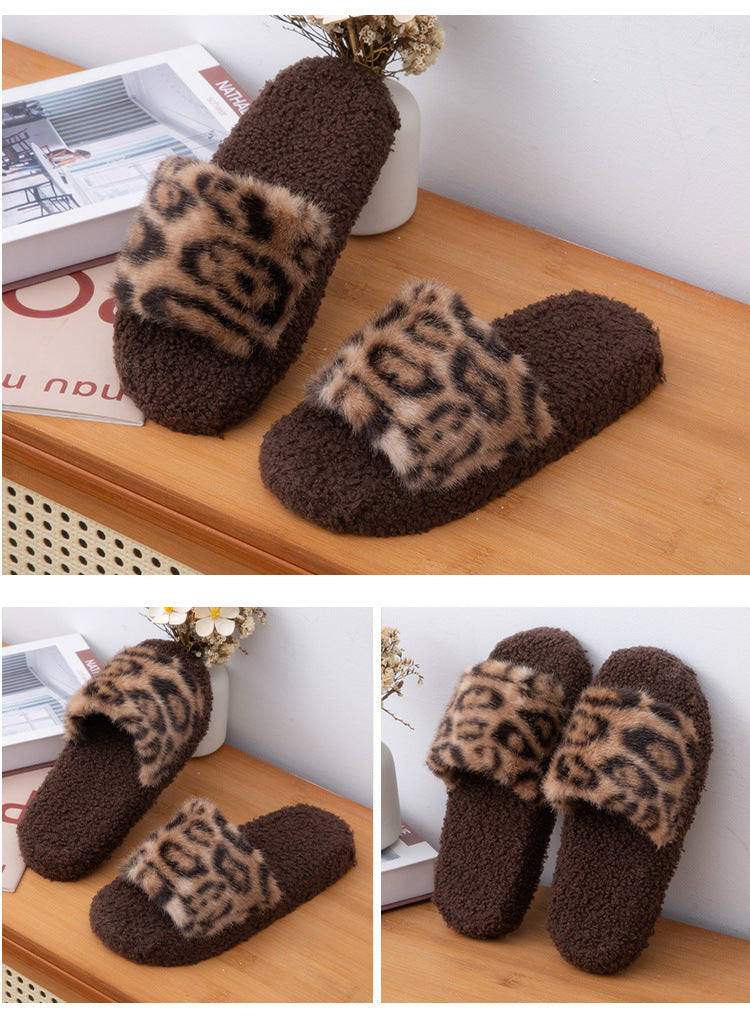 2025 Autumn and Winter Furry Slippers, Leopard Print, Retro Fashion, Home Lazy Soft Sole, Comfortable Home Slippers