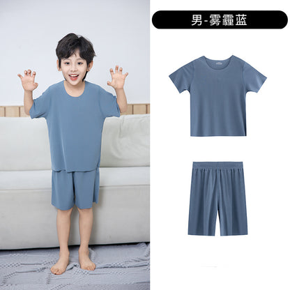 Summer New Style Boys' Short-Sleeved Loose Seamless Ice Silk Home Clothes Children's Two-Piece Set Girls' Pajamas Set Wholesale