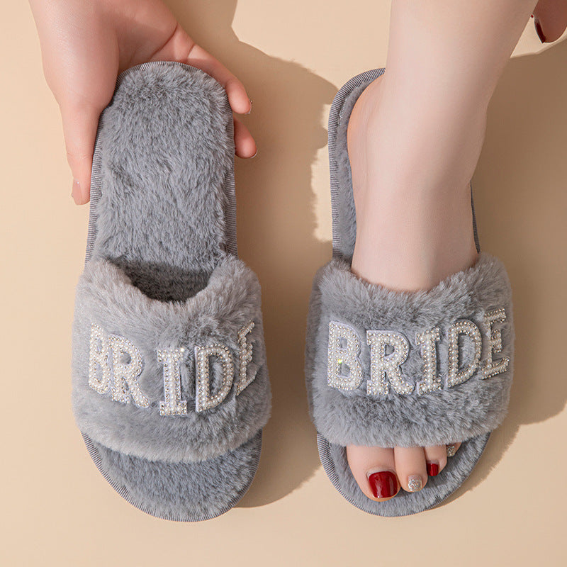 Beide Mrs Ido Pearl Letter Stuffed Slippers Wedding Party Bridal Fur Slippers Cross-Border Popular Cotton Slippers