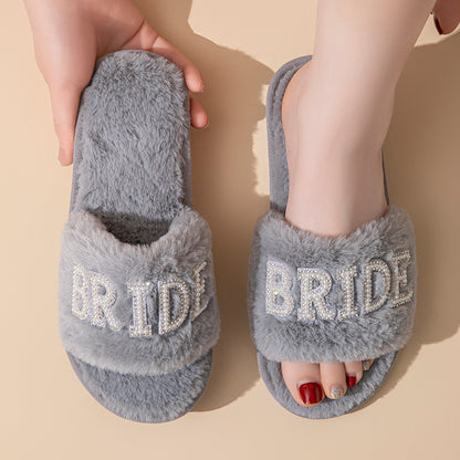 Beide Mrs Ido Pearl Letter Stuffed Slippers Wedding Party Bridal Fur Slippers Cross-Border Popular Cotton Slippers