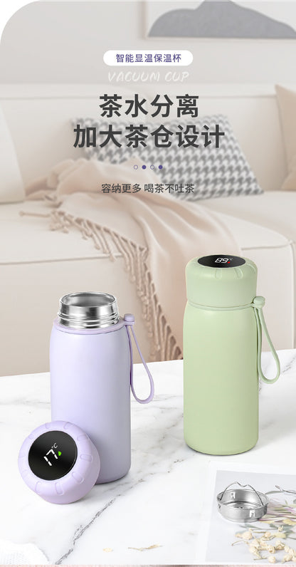 Intelligent temperature display thermos cup 316 stainless steel thermos cup solid color simple flower tea cup women's portable carrying rope accompanying cup
