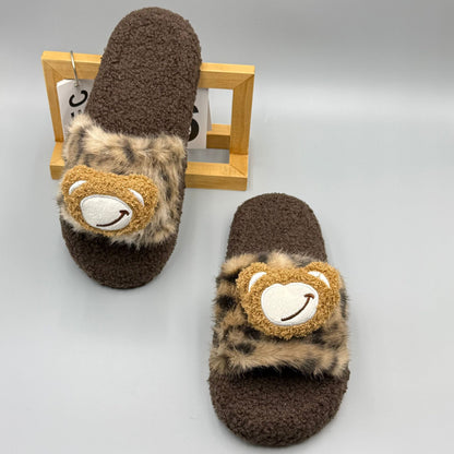 2025 Autumn and Winter New Leopard Print Warm Fur Slippers, One-Line Outer Wear Cotton Slippers, Home Slippers, Fashionable Outer Wear Slippers for Women