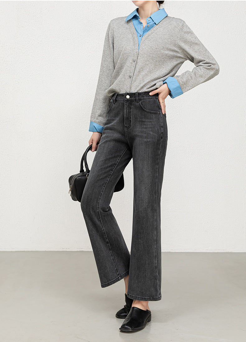 Miaoyu Nine-Point Flared Pants for Women, High-Waisted, Slimming, Nine-Point Jeans, Spring 2026, Four-Way Stretch Bell-Bottom Pants