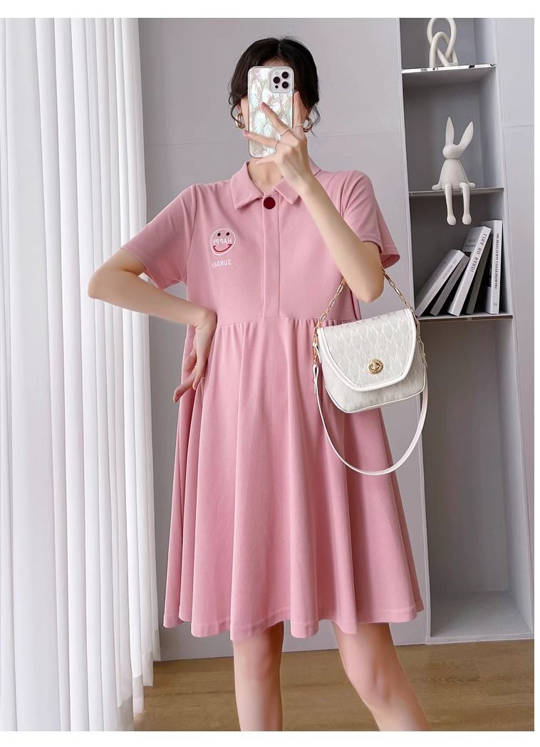 Pregnant Women's Dress Women's Summer Trendy Mom Thin Short-sleeved Top Pink Polo Collar Fashion Nursing Summer Dress