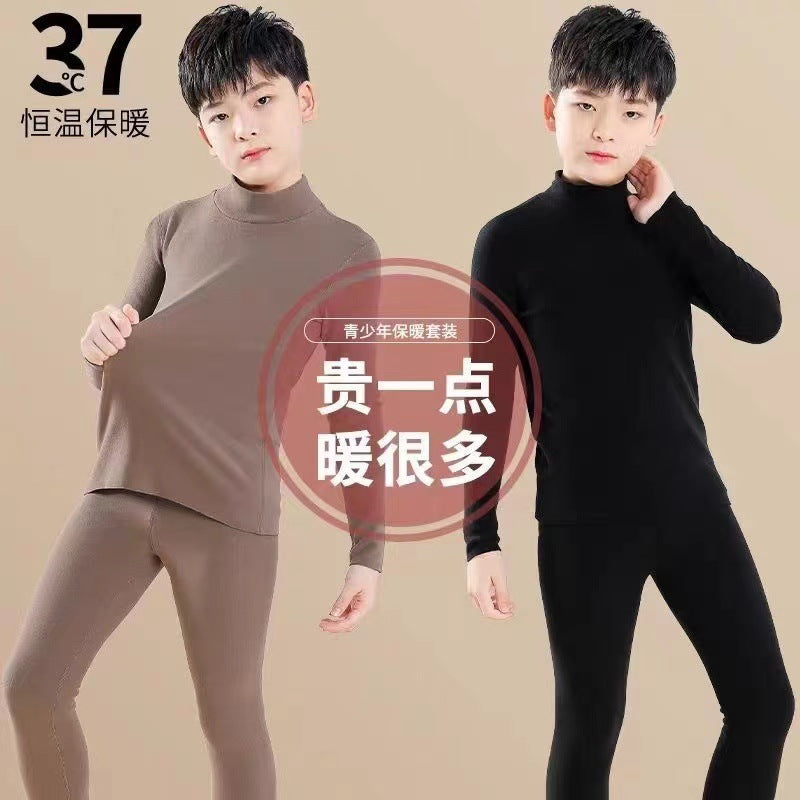 Mid-high collar children's velvet thermal suit for boys ground plush cold-proof one-piece velvet large children's thick thermal underwear