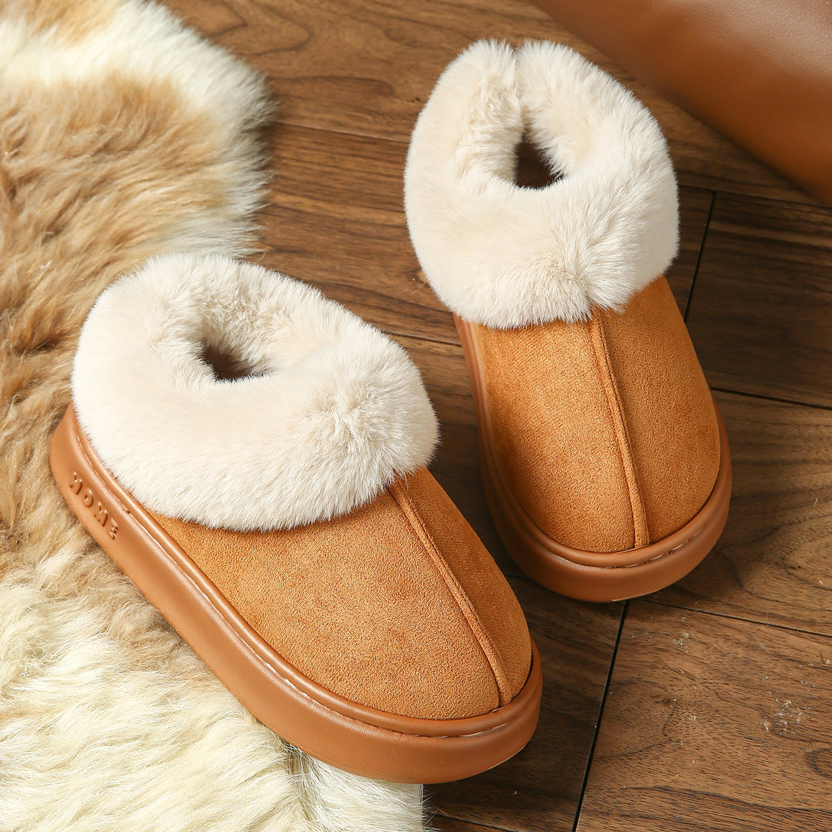 2025 Cross-Border New Pure Color Suede Splicing Home Slippers Thick-Soled Non-Slip Plush Warm Couple Cotton Shoes for Women