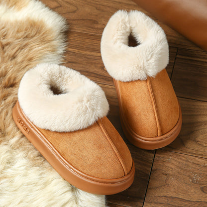 2025 Cross-Border New Pure Color Suede Splicing Home Slippers Thick-Soled Non-Slip Plush Warm Couple Cotton Shoes for Women