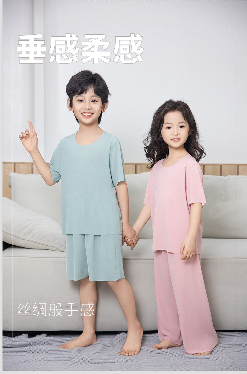 Summer New Style Boys' Short-Sleeved Loose Seamless Ice Silk Home Clothes Children's Two-Piece Set Girls' Pajamas Set Wholesale