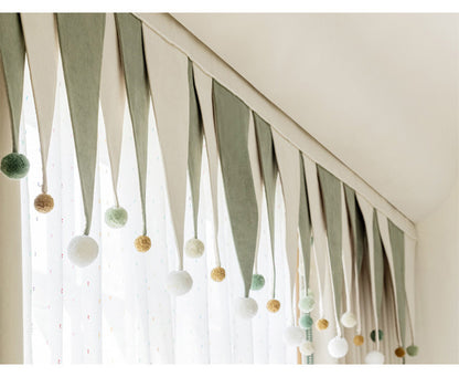 Cream-Colored Chenille Blackout Curtains for Children's Room, Sleeping Beauty Style, with Pom-Pom Design, Custom-Made Finished Product