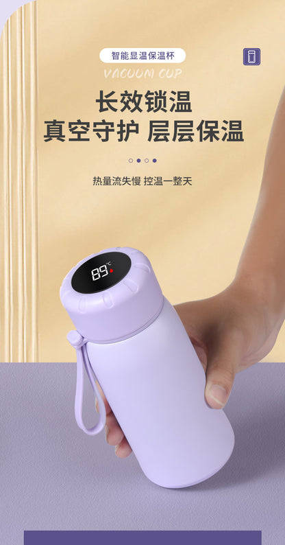 Intelligent temperature display thermos cup 316 stainless steel thermos cup solid color simple flower tea cup women's portable carrying rope accompanying cup