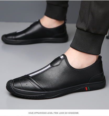 Doug Shoes Men's 2024 New Spring Lazy Slip-on Loafers Soft Bottom Driving Shoes Men's Hollow Leather Shoes