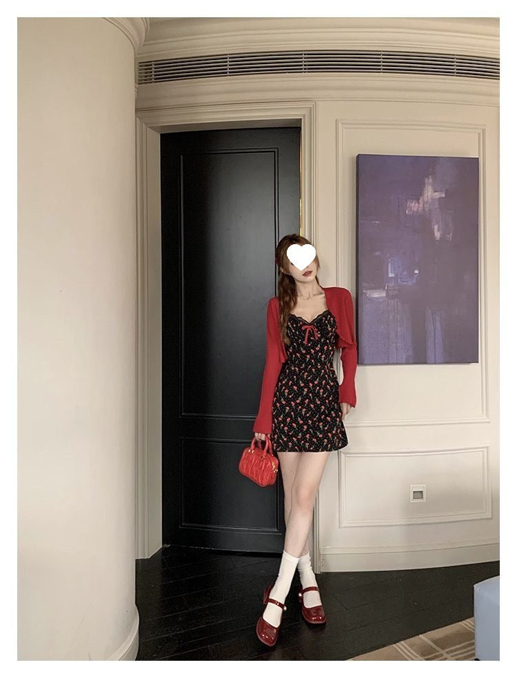 Plus Size Fat mm French Sweet Sexy Sweet Contrasting Suspender Skirt Women's Summer Red Cardigan + Floral Skirt Two-Piece Set